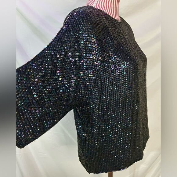 Vintage Black Beaded Blouse 100% Silk Sequin Rainbow Sparkly Retro 80s Sz Medium - Picture 7 of 12